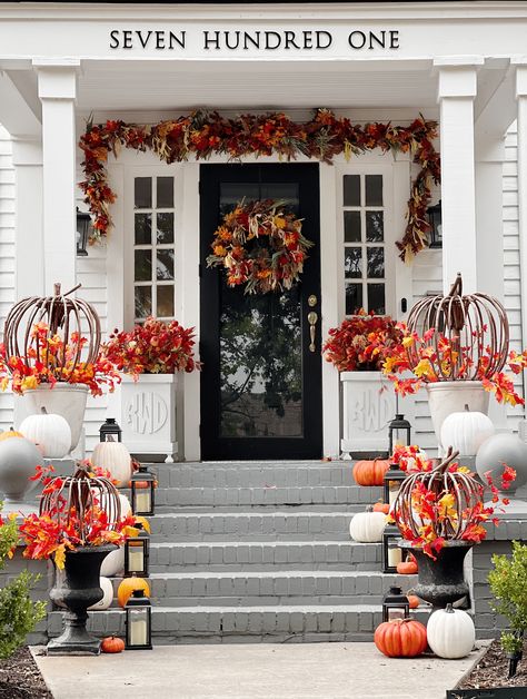 Fall Porch Ideas, Inexpensive Wreaths, Fall Stems, Grapevine Pumpkin, Fall Lanterns, Picture Frame Wreath, Organize Your Day, Thistlewood Farms, Fall Stem