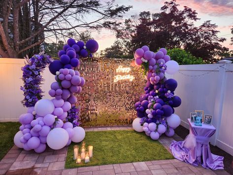 Sequins wall Shimmer wall Gold shimmer wall Purple and lilac balloon garland Purple And Yellow Balloon Arch, Lilac And Gold Party Decorations, Purple And Gold Backdrop, Debut Backdrop, Gold Shimmer Wall, Sweet Sixteen Themes, Lilac Balloons, 21st Decorations, Yellow Birthday Parties