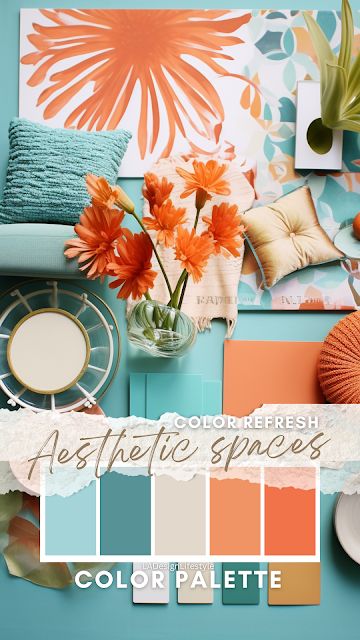 Lilly Ashley: Spruce Up Your Space: Vibrant Summer Decor Ideas with Aquas and Oranges Mint And Orange Color Palette, Vibrant Summer Aesthetic, Colors That Go With Coral, Turquoise And Sand Color Palette, Teal And Coral Color Palette, Coastal Condo Decorating Ideas, Tropical Colour Palette, Teal Coral Gold Color Palette, Coral And Aqua Color Palette