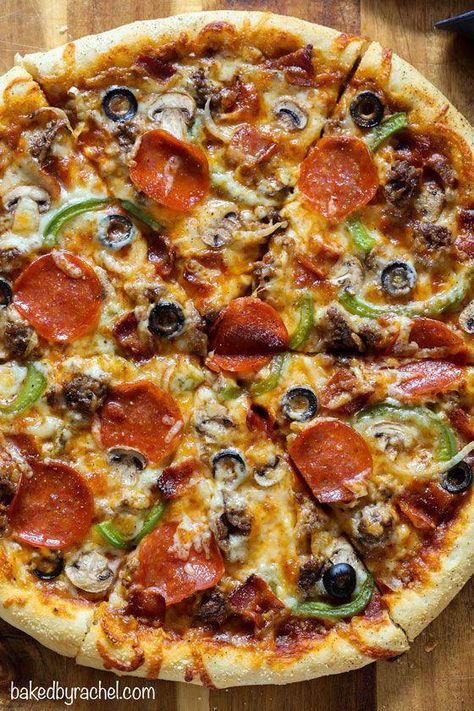 Supreme Pizza Toppings, Pampered Chef Pizza Stone Recipes, Godfathers Pizza Crust Recipe, Homage Pizza, Supreme Pizza Recipes, Crazy Crust Pizza Recipe, Homemade Supreme Pizza, Pillsbury Pizza Crust Recipes, Pizza Calzone Recipe