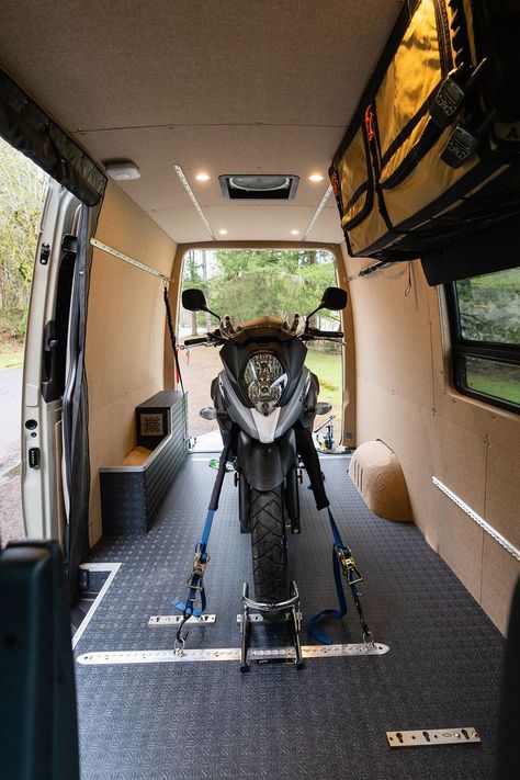 Don’t let the sparse interior fool you, this van was built to be a prime motorcycle hauling vehicle. Van Conversion Plans, Vw Camper Conversions, Van Organization, Mercedes Sprinter Camper, Minivan Camping, Needs And Wants, Sprinter Camper, Build A Camper Van, Build A Camper