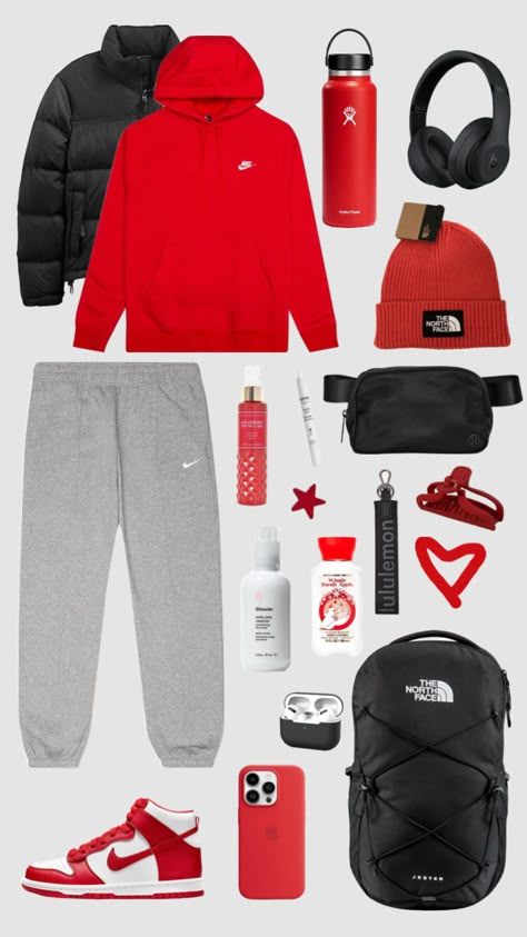 Red Nike Outfit, Outfits With Red Lululemon Shorts, Red Outfit Inspo Aesthetic, Red Comfy Outfit Aesthetic, Red Preppy Outfit, Red Lululemon Jacket, Nike Red Athleisure Hoodie, Red Hoodie Outfit, Red Lululemon