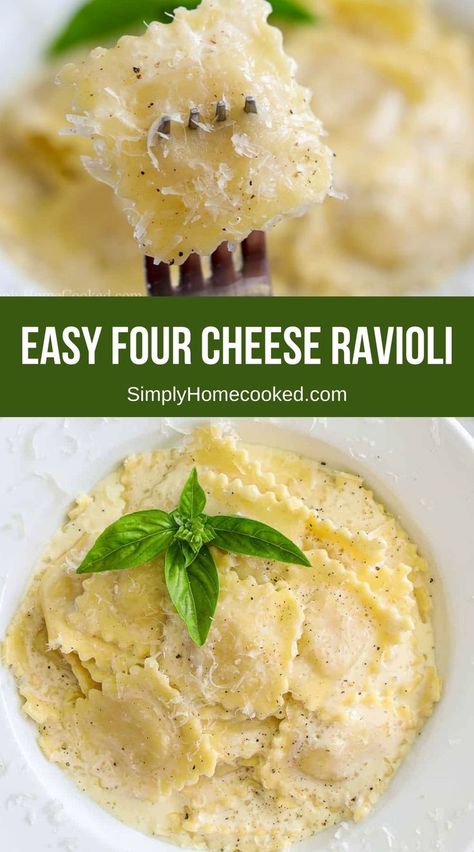 4 Cheese Ravioli Recipe, Four Cheese Ravioli Recipe, Ravioli Recipe Filling, Frozen Ravioli Recipes, Ravioli Dinner Ideas, Four Cheese Ravioli, Cheese Ravioli Recipe, Alfredo Sauce Recipe Easy, Homemade Ravioli