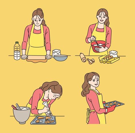 Cooking Pose Reference Drawing, Baking Drawing, Cookie Drawing, Book Cover Artwork, Making Bread, Interior Architecture Drawing, Drawing Ideas List, Beautiful Sketches, Design Illustrations