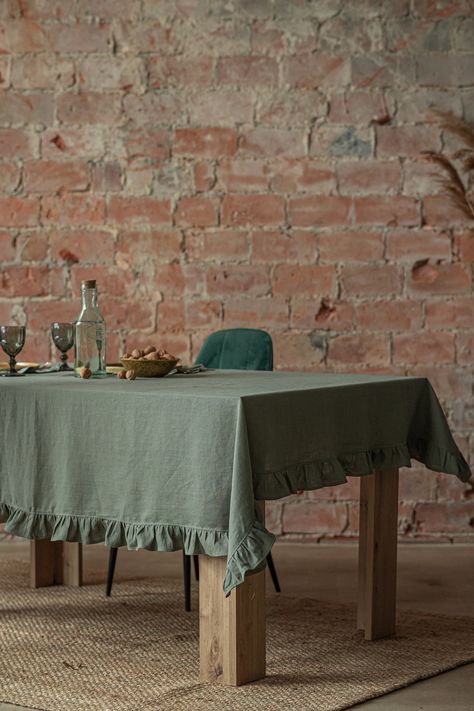 This gorgeous and elegant linen tablecloth will add to your table exceptional look.    Ruffled tablecloth is finished with 8 cm/ 3 inches wide ruffles all around the tablecloth.  It is totally handmade tablecloth and needs much careful and long work, while gathering and joining the ruffle trim.  Fabric - 100 % linen. Certified according to OEKO-TEX® standard - free of harmful chemicals and is safe for everyday use and friendly for your family and the environment. We use only 100% European highes Warm Dining Room, Ruffled Tablecloth, Natural Linen Tablecloth, Pink Tablecloth, Handmade Tablecloth, Green Tablecloth, Striped Tablecloths, Trim Fabric, Tablecloth Sizes