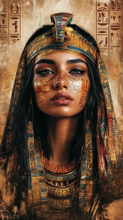 Egyptian Attire, Egyptian Portrait, Heavy Eyeliner, Nefertiti Art, African Warrior Tattoos, Cleopatra Tattoo, Egyptian Makeup, Mujeres Tattoo, Egyptian Theme