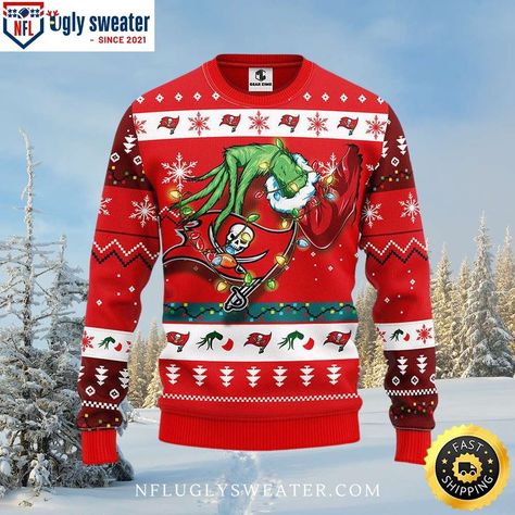 Grinch With Christmas Lights - Tampa Bay Buccaneers Xmas Sweater Check more at https://nfluglysweater.com/product/grinch-with-christmas-lights-tampa-bay-buccaneers-xmas-sweater/ Xmas Sweater, Sweater Gift, Tampa Bay Buccaneers, Light Sweater, Gift For Christmas, Ugly Sweater, Cashmere Sweater, Top Pattern, Tampa Bay