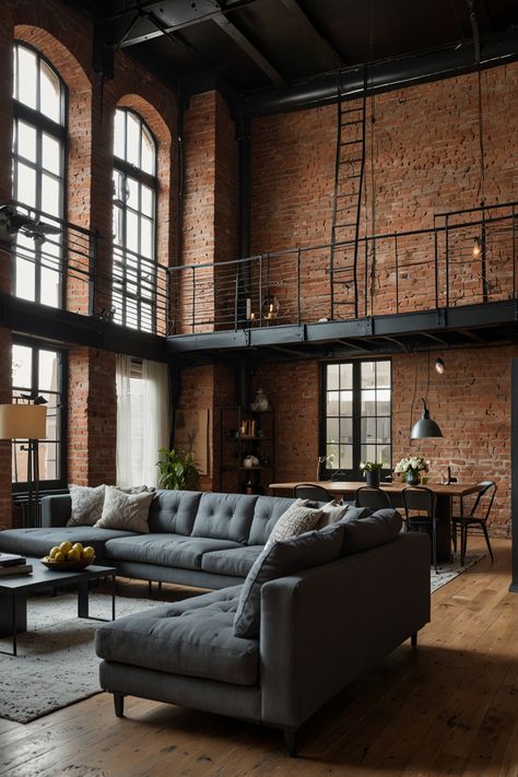 Create a chic modern loft that seamlessly blends industrial elements such as exposed brick walls and sleek metal beams. This contemporary space is perfect for urban living, offering a stylish and functional design. 

#ModernLoft #IndustrialDesign #ExposedBrick #MetalBeams #UrbanLiving #ContemporaryHome #LoftDesign #InteriorDesign #ModernDecor Brick Loft Apartment, Exposed Brick Loft, Modern Loft Decor, Cozy Industrial Living Room, Loft Decor Ideas, Modern Industrial Living Room, Warehouse Living, Loft House Design, Brick Interior Wall