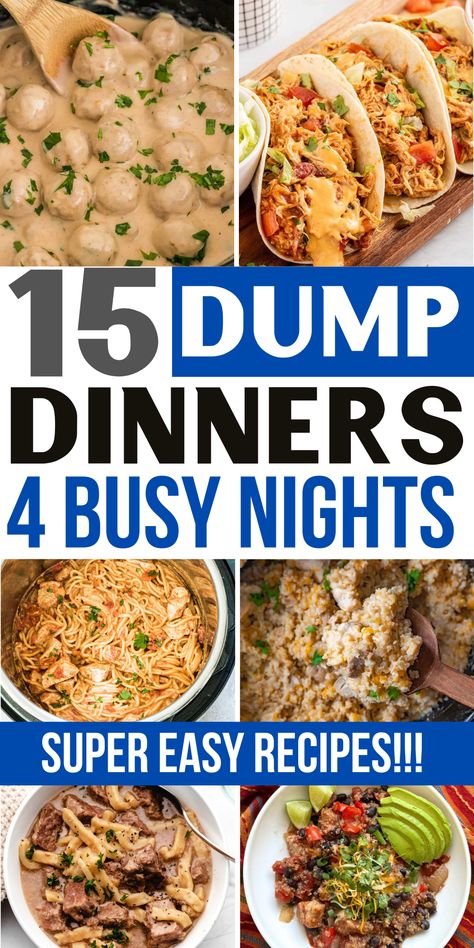 These dump dinners will save you on busy nights!! Includes all sorts of dump dinner recipes like Slow Cooker Chicken and Rice, Instant Pot Beef and Noodles, chicken dump and bake casserole, and so much more! Pin this for later to make your weeknight meals easier!!! Lots of family favorites too. Easy Dump Slow Cooker Recipes, Easy Dinner Recipes For Busy Weeknights, Family Supper Ideas Crockpot, Dump And Cook Recipes, Crock Pot Meals That Can Cook All Day, Crock Pot Meals For One Person, Easy Single Mom Dinners, Easy Dinner For Weeknights, Easy Dump Meals Crock Pot