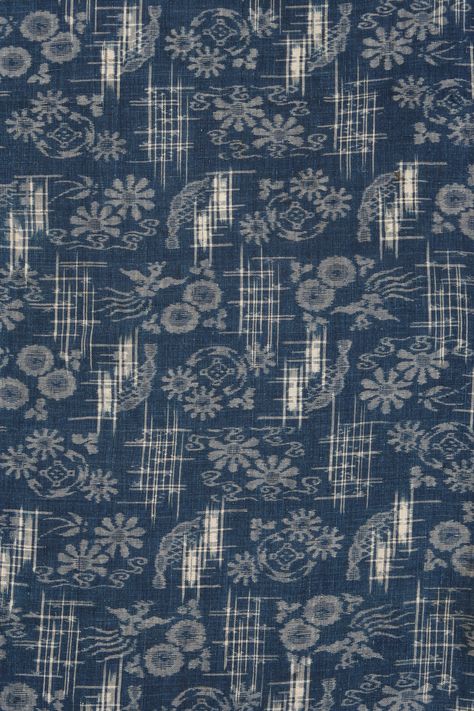 Kimono (detail): Phoenix and flower motifs / Omi, Shiga Prefecture, Japan / Meiji Period (1868-1912) / Ramie fiber, double-ikat resist dye (kasuri) / Fowler Museum, Krauss Collection of Japanese Textiles Okinawan Culture, Japanese Ikat, Ikat Textiles, Design Japonais, Chinese Pattern, Blue And White Fabric, Flower Motifs, Meiji Period, Shiga