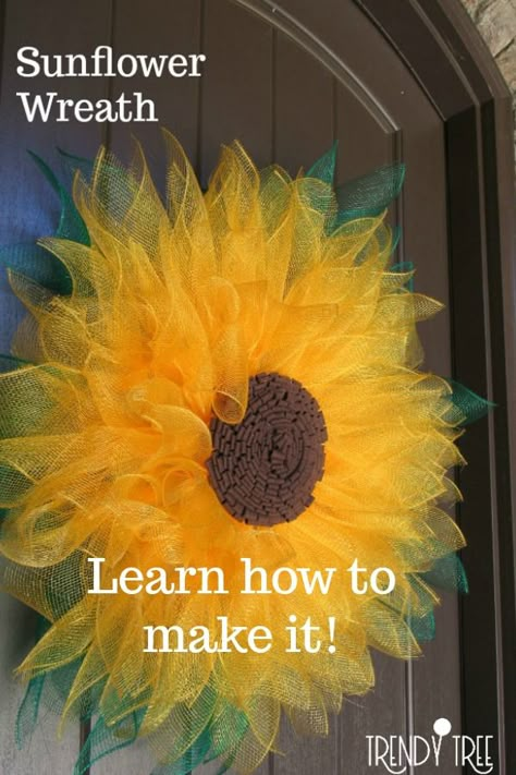 Sunflower wreath using inexpensive Deco Poly Mesh and the Unique in the Creek flower board. See the details and video at Trendy Tree! 
#trendytree #sunflowerwreath #sunflowertutorial Sunflower Wreath Diy, Sunflower Burlap Wreaths, Deco Mesh Crafts, Unique In The Creek, Farmhouse Design Ideas, Deco Mesh Wreaths Tutorials, Burlap Flower Wreaths, Sunflower Crafts, Deco Mesh Wreaths Diy