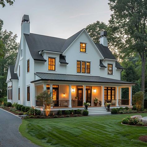 15+ Stunning Black and White Farmhouse Exterior Inspirations • 333+ Art Images Small White House With Black Trim, White Home Black Shutters, Black And White Colonial House, White Farmhouse Black Trim, White And Black Houses, Black And White Farmhouse Exterior, Black And White Exterior House, White House Black Windows, White Colonial House