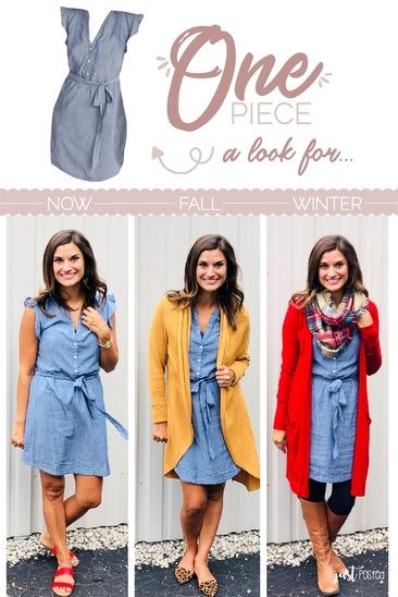 One chambray dress, three ways! #justpostedblog #ShopStyle #shopthelook #MyShopStyle #OOTD Denim Dress Outfit, The Cardigans, Fall Dress Outfit, Zooey Deschanel, Chambray Dress, Shop The Look, Dress Outfit, Looks Style, Fall Winter Outfits