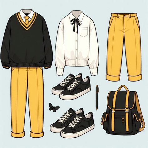 Boy Clothes Drawing, Soft Boy Clothes, Reference Clothes, Marketing Project, Yellow Outfits, Body Type Drawing, Fashion Character, Boy Sketch, Boys Uniforms