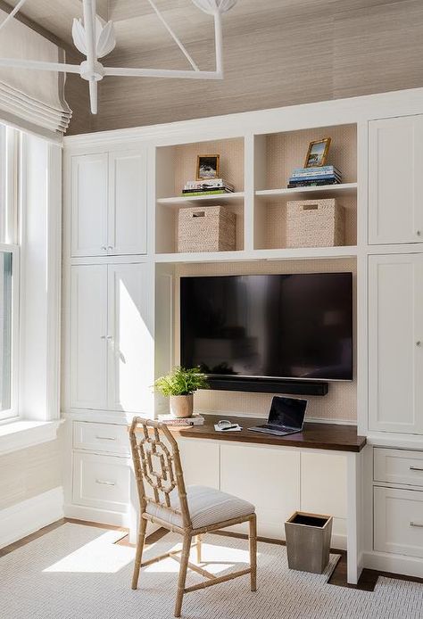 Tv Above Desk, Erin Gates Design, Gates Design, Desk Bedroom, City Condo, Bachelorette Pad, Erin Gates, Transitional Bedroom, Bamboo Chair