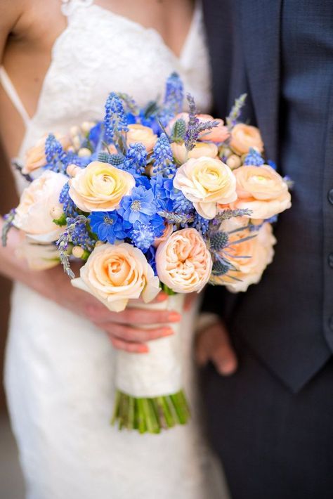 30 Colorful Wedding Bouquets That Are Super Cheerful - Blue and peach wedding bouquet idea  {Honey Photographs} Peach Wedding Bouquet, Wyoming Wedding, Colorful Wedding Bouquet, Sunflower Wedding Bouquet, Hypericum Berries, Beautiful Wedding Flowers, Dream Prom, Prom Flowers, Bouquet Ideas