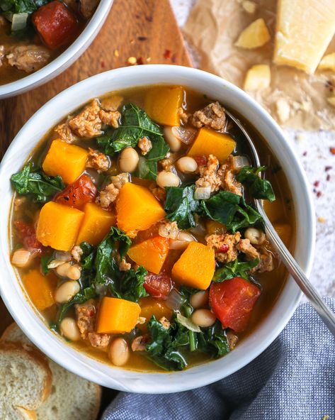 Sausage Kale Pasta Soup, Mediterranean Butternut Squash Soup, Kale And Squash Soup, Turkey Sausage White Bean Butternut Squash Soup, Butternut Squash Kale White Bean Soup, Butternut Kale Soup, Sausage Kale Butternut Squash Soup, Kale Italian Sausage Soup, Italian Sausage And Butternut Squash Soup