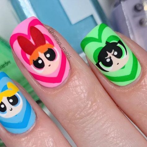 Hannah on Instagram: "Powerpuff Girls nails! ⚡️🎀💚🫧✨⁣ ⁣ I used:⁣ ⁣ ⚡️ @chinaglazeofficial “Here For The Candy” & “Lime After Lime”⁣ 🎀 @cirquecolors “A Fiori”⁣ 💚 @loudlacquer “Daisy Bean”⁣ 🫧 @moyou_london “Powerpuff Girls 01” & “Basecoatstories x MYL 05” stamping plates⁣ ⚡️ @whatsupnails “Bargain-villea”, “Cherrished Blossoms”, “Sky Glider”, “Nip It In The Bud”, “Blanc My Mind”, & “Niether Noir”⁣ 🎀 @uberchicbeauty “There’s Nothing Lilac” & “Lazy Little Bumblebee” stamping polishes⁣ 💚 @clea Powerpuff Girls Nails Acrylic, Ppg Nails, Powerpuff Girl Nail Art, Power Puff Girls Nails, Powerpuff Girls Nail Art, Powerpuff Nails, Nail For Kids, Nana Nails