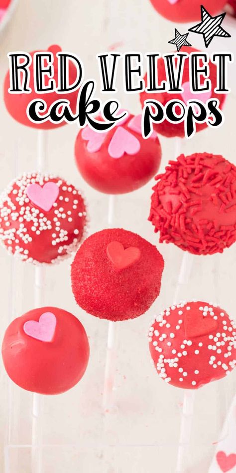 Decorated with red melted chocolate and heart sprinkles, these red velvet cake pops are the perfect Valentine's Day cake pops. How To Make Red Velvet Cake Pops, Valentine’s Cake Pops, Easy Red Velvet Cake Pops, Red Velvet Cake Pops Recipe, Valentine’s Day Cake Pop Ideas, Heart Cake Pops Valentines Day, Frozen Cake Pops, Perfect Cake Pops, Red Velvet Cake Pops