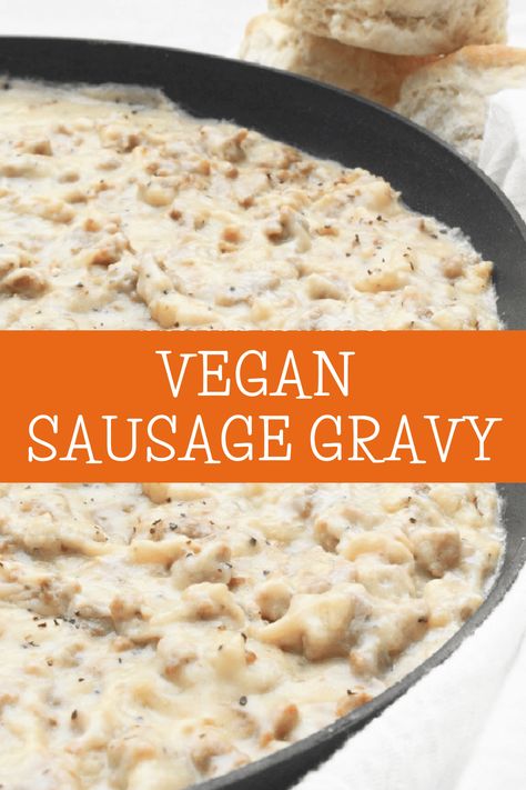 Vegan Sausage Gravy ~ Southern-style sausage gravy made with all plant-based ingredients! Ready to serve in minutes! via @thiswifecooks Vegan Sausage Gravy, White Sausage Gravy, White Country Gravy, Vegan Sausage Recipe, Vegan Biscuits And Gravy, Country Gravy Recipe, Dairy Free Thanksgiving, Sausage Gravy And Biscuits, Sausage Gravy Recipe