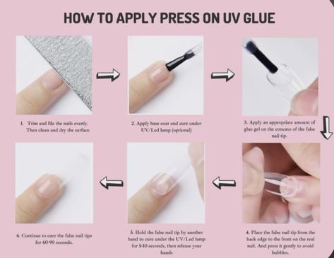 Press On Nails With Uv Light, Fake Nail Application, Diy Gel Press On Nails, How To Press On Nails How To Apply, Nail Knowledge, Press On Nails Tips, Nail Glue Remover, Nail Glue Gel, Nail Courses