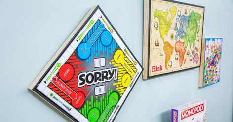 How-to - DIY Board Game Wall Hang - Home & Family Board Game Wall, Home And Family Crafts, Board Game Room, 90's Toys, Basement Games, Board Games Diy, Board Game Storage, Game Wall, Game Room Basement