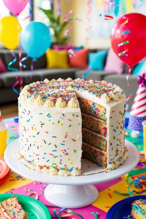 Delicious funfetti celebration cake highlighting 20 creative cake ideas. Perfect for quick baking fun and special occasions, this is your next go-to dessert recipe. Simple Cake Ideas, Creative Cake Ideas, Best Cake Ever, Kitchen Simple, Quick Dessert Recipes, Quick Dessert, Basic Cake, Purple Cakes, Simple Cake