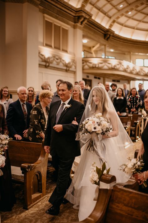 Bride walking down the isle with a veil over her head in large church Bride Walking Down The Aisle, Wedding Shot List, Church Wedding Ceremony, Photojournalistic Wedding Photography, Dallas Wedding Venues, Pinterest Wedding, Aesthetic Wedding, Wedding Ceremony Photos, Waco Texas