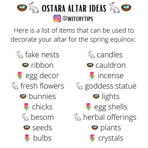 Tips for Witches Everywhere! ✨ on Instagram: "In need of a little last minute Ostara altar decorating? Here’s a few ideas on items you can add to your altar to decorate for spring! 🌷 Many items can be found at the dollar store at this time of year because of Easter. I found a cute nest with eggs years ago I still use to this day. 🪺" Ostara Deities, Spring Altar Ideas, Ostara Altar In A Jar, Ostara Altar Ideas, Ostara Eggs, Ostara Decor, Ostara Decorations, Ostara Ideas, Ostara Aesthetic