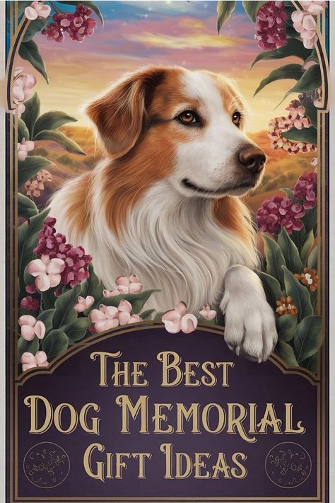 A serene illustration of a dog surrounded by flowers with the text: "The Best Dog Memorial Gift Ideas". The Loss Of A Dog, Sympathy Gift Ideas, Dog Passing, Memorial Gift Ideas, Loss Of A Dog, Personalized Garden Stones, Dog Memorial Stone, Dog Sympathy Gifts, Dog Urns