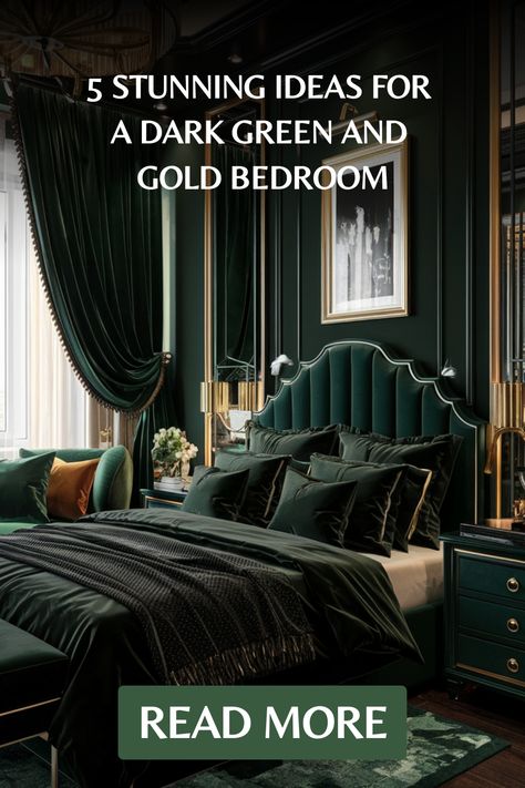 5 elegant dark green and gold bedroom decor ideas. Dark Green And Gold Bedroom Ideas, Green And Gold Master Bedrooms Decor, Green Bed Ideas, Dark Green Master Bedrooms Decor, Elegant Green Bedroom, Dark Green And Gold Bedroom, Gold Bedroom Decor Ideas, Green And Gold Bedroom Ideas, Styling A Bedroom