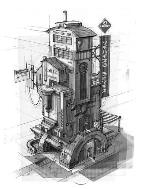 Steampunk Concept Art, Steampunk Concept, Steampunk Building, Building Cartoon, Cyberpunk Building, Concept Art Landscape, Sci Fi Building, Steampunk City, Steampunk House