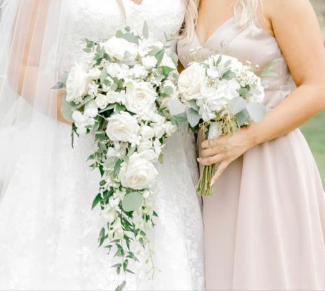 Small Cascading Bridal Bouquets, Cascading Rose Bouquet, Bridal Bouquet White With Greenery, Bridal Bouquet Cascade, Cascade Bridal Bouquet, White Cascading Bridal Bouquet, Cascade Wedding Bouquet White, Cascading Wedding Bouquets White And Green, Bridal Bouquet White Roses Eucalyptus