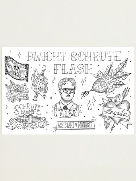 Dwight Tattoo The Office, The Office Us Tattoo, Dwight Schrute Tattoo, Dwight Tattoo, The Office Coloring Pages, The Office Tattoo Ideas, The Office Tattoo, Flash Sheets, Dwight Schrute