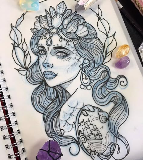 Neo Trad Mermaid Tattoo, Mermaid Face Drawing, Underwater Sleeve Tattoo, Mermaid Face Tattoo, Sea Goddess Tattoo, Mermaid Hip Tattoo, Sea Witch Tattoo, Siren Mermaid Tattoos, Marian Tattoo