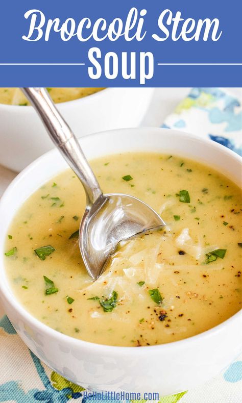 Wondering what to do with Broccoli Stems? You’ll LOVE this scrumptious Broccoli Stem Soup recipe! Learn how to make the BEST Broccoli Stalk Soup using simple ingredients: leftover broccoli stems, potatoes, onions, rosemary, milk, and cheddar cheese. This cheesy Broccoli Stalk Recipe is quick and easy to make, plus this Creamy Broccoli Stem Soup is a tasty way to cut down on food waste and use leftover Broccoli Stalks. A delicious Vegetarian + Gluten Free Broccoli Soup! | Hello Little Home Broccoli Stalk Soup, Broccoli Chicken Rice Soup, Broccoli Stem Soup, Broccoli Stems Recipes, Leftover Broccoli Recipes, Broccoli Stem Recipes, What To Do With Broccoli, Leftover Broccoli, Broccoli Stalks