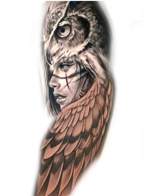 Owl Lady Tattoo, Owl Shoulder Tattoos For Women, Owl Headdress Tattoo, Native American Owl Tattoo, Human Face Tattoo, Owl Arm Tattoo, Upper Arm Tattoos For Guys, Realistic Owl Tattoo, Owl Tattoo Sleeve