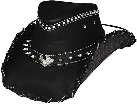 BULLHIDE IRON ROAD COWBOY HAT - This gorgeous genuine leather hat will be a great choice for topping off your brutal look; This hat is popular with bikers, rockers and Heavy Metal fans goth punk gothic western cowboy hat black leather hat spikes bat decal Goth Cowboy, Leather Cowboy Hats, Black Cowboy Hat, Outback Hat, Black Cowboys, Black Cowboy, Western Cowboy Hats, Leather Hat, Large Hats