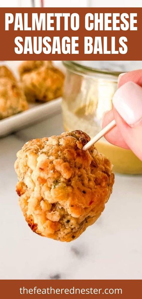 These Pimento Cheese Sausage Balls are packed with creamy, tangy palmetto cheese, making them an irresistible appetizer or snack! Super easy to make and ready in under 30 minutes, they’re perfect for parties, casual get-togethers, or even your next spaghetti dinner. Plus, this recipe is great for making ahead in large batches—enjoy some now and freeze the rest for later! Appetizers With Pimento Cheese, Palmetto Cheese Sausage Balls, Sausage Balls With Pimento Cheese, Pimento Cheese Appetizer Ideas, Fried Pimento Cheese Balls, Pimento Cheese Sausage Balls, Pimento Cheese Fritters, Cheese Fritters Recipe, Pimento Cheese Appetizer