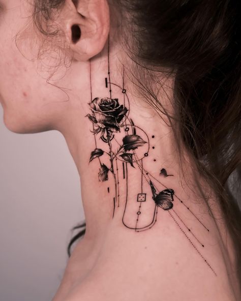 🌹✨ Embracing my love for beauty and elegance with this gorgeous rose tattoo on my neck! 🌸💫 The delicate petals and intricate details represent love, passion, and grace. 🌿❤️ Let this tattoo be a reminder to always stay grounded and bloom wherever I go! 🌷🌟 credit @even_gmt.ink #RoseTattoo #NeckTattoo #TattooedBeauty #InkedFlower #LoveAndGrace #TattooedElegance #BeautyInDetail #BloomingForever #InkInspiration #StayGrounded #TattooGoals #FloralTattoo #InkedAndProud #TattooedLife #ExpressYourse... Dark Delicate Tattoo, Wilted Rose Tattoo, Delicate Tattoo, Rose Vines, Stay Grounded, Design Drawings, Tattoo Design Drawings, Rose Tattoo, Neck Tattoo