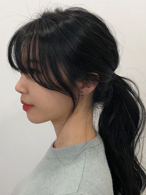 Korean curtain bangs with low ponytail Black Hair Bangs, Korean Bangs, Tan Skin Blonde Hair, Bangs Ponytail, Hair Inspiration Long, How To Cut Bangs, Hair Patterns, Bangs With Medium Hair, Hairstyles For Layered Hair