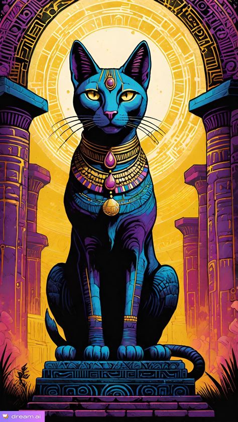 Egyptian Cat Illustration, Egyptian Cat Art, Egyptian Design Pattern, Cat Egyptian, Egyptian Crafts, Goddess Of Egypt, Egypt Cat, Egyptian Goddess Art, Egyptian Cats