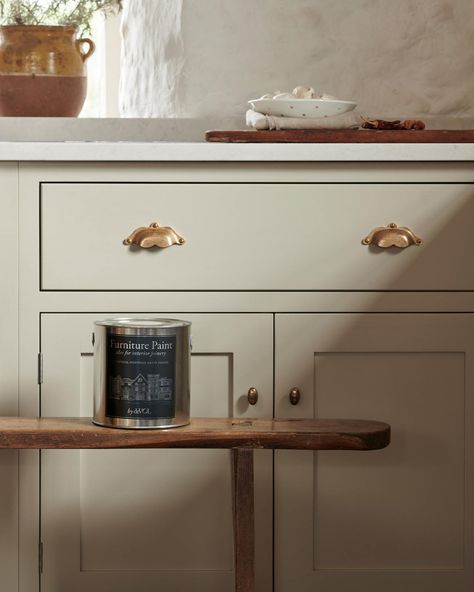 Mushroom | deVOL Kitchens Sarah Gordon, Blue Painted Furniture, Mushroom Paint, Devol Kitchens, Blue Furniture, Linen Furniture, Big Reveal, Furniture Paint, Shaker Kitchen