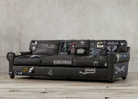 #Punk rock sofa from Etsy seller Ultra Violet Production House. Loft House Ideas, Restoration Hardware Couch, Graffiti Furniture, Best Leather Sofa, White Paint Pen, Black Leather Sofas, Decor Studio, Black Sofa, Couch Covers