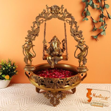 Brass Urli, Urli Bowl, Vintage Brass Decor, Silver Pooja Items, Pooja Room Door Design, Swing Design, Pooja Room Design, Goddess Decor, Room Door Design