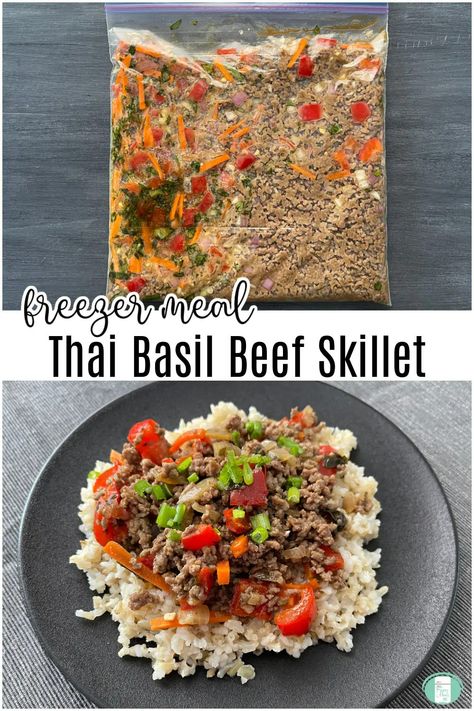 Thai Basil Beef Skillet - Freezer Meals 101 Asian Freezer Meals, Ground Beef Freezer Meals, Basil Beef, Thai Basil Beef, Beef Freezer Meals, Beef Skillet, Best Freezer Meals, Fall Meals, Matchstick Carrots