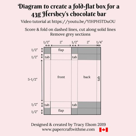 Diagram to create a fold-flat box for a 43g Hershey chocolate bar (accompanies YouTube video). #papercraftwithme Chocolate Card Ideas, Chocolate Box Template, Box Papercraft, Chocolate Bar Packaging, Chocolate Bar Design, Christmas Treats Holders, Chocolate Bar Wrapping, Personalized Chocolate Bars, Hershey Chocolate Bar