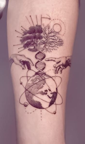 Dna Strand Tattoo Design, Science Related Tattoos, Biotechnology Tattoo, Synapse Tattoo, Human Evolution Tattoo, Knowledge Tattoo Ideas, Dna Tree Tattoo, Quantum Physics Tattoo, Science Tattoos Biology