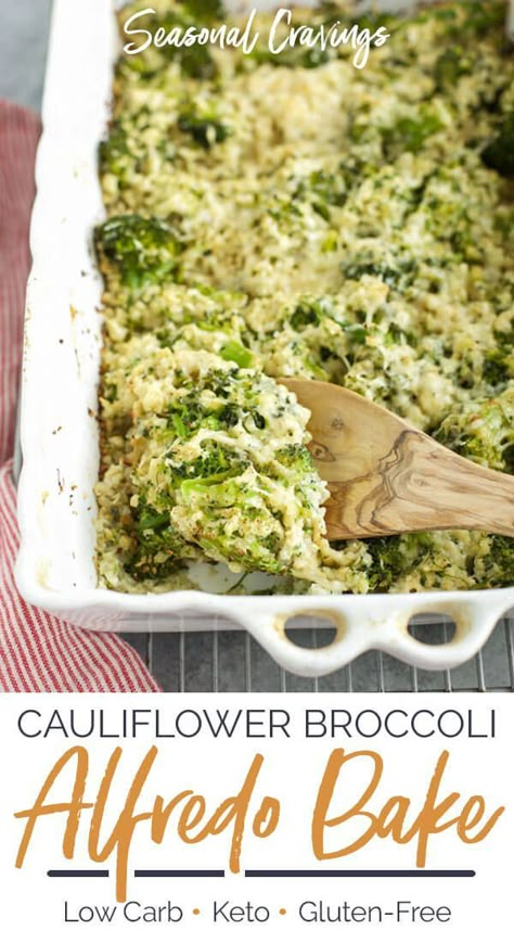 Cauliflower Broccoli Alfredo Bake | Creamy, flavorful, and low carb this gluten free recipe is packed with healthy veggies and perfect for a quick weeknight meal. | Seasonal Cravings #Keto #Glutenfree #cauliflower Broccoli Alfredo Sauce, Broccoli Alfredo Bake, Riced Broccoli Recipes, Vegetarian Alfredo, Cravings Recipes, Rice Broccoli, Alfredo Bake, Cauliflower Alfredo, Dragon Master