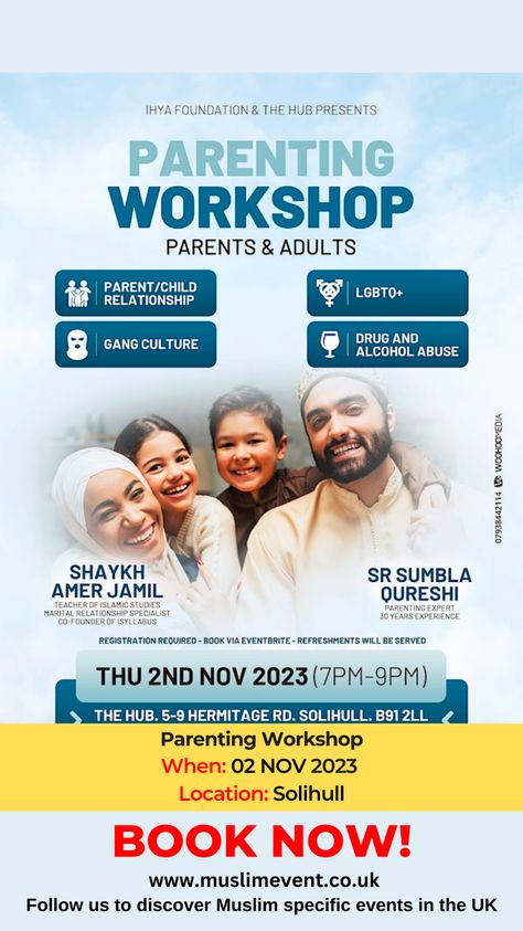 Join at the Ihya Foundation & The Hub's Parenting Workshop! Discover the tools and insights you need to protect your children in today's challenging world. #ParentingWorkshop #EmpowerParents #ProtectOurChildren #Muslimeventuk #Islamiceventsolihull Counseling Skills, Islamic Family, Parenting Workshop, Islamic Education, Gang Culture, Law Degree, Islamic Knowledge, Islamic Studies, Study Program